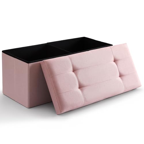 Storage Ottoman Bench Foldable Seat Footrest Shoe Bench End of Bed Storage with Flipping Lid, 75L Storage Space, 30 inches Linen Fabric Pink, OT026PK - color: Pink, size: 30" Flip