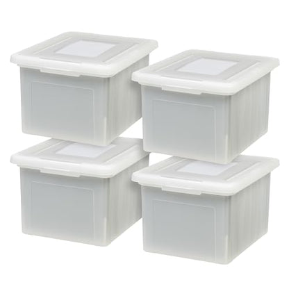 IRIS USA 35 Qt File Box with Lid, File Storage Box for Letter Size Documents, Portable Plastic File Box, Stackable Nestable Organizer, 4 Pack, Pearl - style: Pearl - 4 Pack
