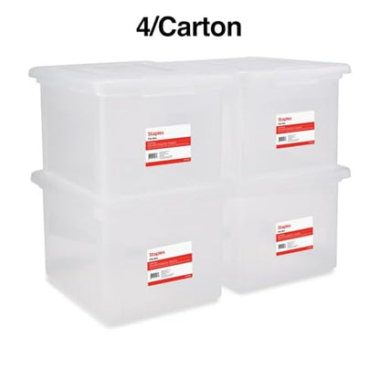 STAPLES Plastic File Box with Snap Lid, Letter/Legal Size, Clear, 4/Carton - color: Clear, size: 4 Pack, style: Box (Snap Lid)