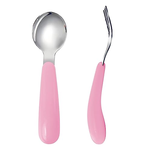 VANRA 2 Pieces Toddler Fork and Spoon Set with Travel Case 18/8 Stainless Steel Toddler Utensils Kids Silverware Children Flatware Child Cutlery Set for School Lunch Box (Pink) - color: Pink
