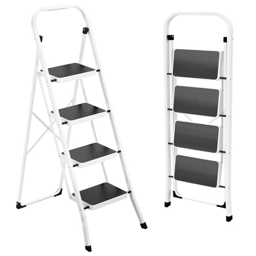 HBTower Step Ladder, Folding Step Stool for Adults with Anti-Slip Pedal, 330 lbs Capacity for Kitchen, Home, White - size: 4 Step Ladder