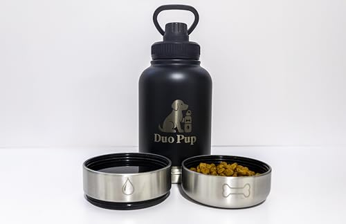 DuoPup 32oz Insulated Stainless Steel Pet Water & Food Bottle – Portable Leak-Resistant Dispenser with Two Detachable Bowls & Carrying Strap – Travel, Hiking & Outdoor Pet Hydration – Dark Green - color: Dark Green