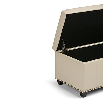 SIMPLIHOME Amelia Storage Ottoman - 33 inch Wide Vegan Leather Rectangle Storage Ottoman Bench in Satin Cream, Transitional Ottoman for Living Room with Nailhead Trim and Lift-Up Lid - color: Satin Cream