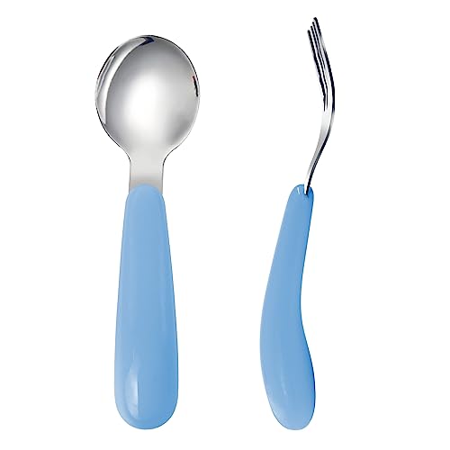 VANRA 2 Pieces Toddler Fork and Spoon Set with Travel Case 18/8 Stainless Steel Toddler Utensils Kids Silverware Children Flatware Child Cutlery Set for School Lunch Box (Blue) - color: Blue
