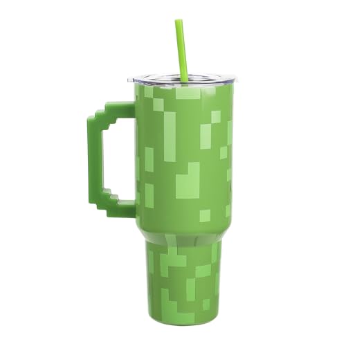 Bioworld Minecraft Creeper Ultimate 40 Oz. Stainless Steel Tumbler With Pixelated Handle - color: Minecraft Creeper Ultimate Green
