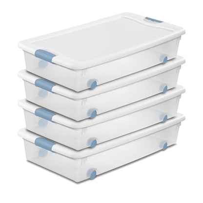 Sterilite 4-Pack 56 Quart Wheeled Latching Box, Underbed Clear Plastic Storage Organizer - Under Bed Rolling Container Bin with Lid and Wheels for Home or Dorm Bedrooms and Closets - size: 56 Quart, style: 4 Pack