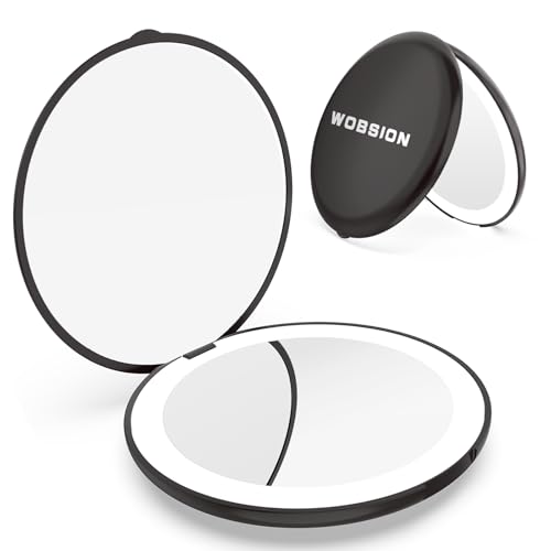 WOBSION Travel Compact Mirror,Portable 1x/10x LED Makeup Mirror with Magnification,Handheld 2-Sided Pocket Mirror, 3.5in Small Mirror for Purse,Handbag,Gift,Black - color: 3.5inch Battery Black