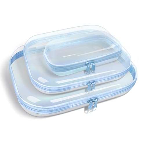 Clear Hard Plastic Zipper Case,Transparent Double Zippers Hard Pouch with 3pcs,Portable Travel Organizer Bin for Toy Storage - color: 3pcs-BL-Laser-LMS