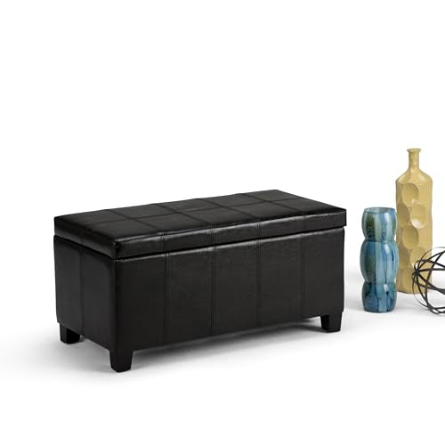 SIMPLIHOME Dover Storage Ottoman Bench - 36 inch Wide Upholstered Vegan Leather Rectangular Lift-Top Ottoman in Midnight Black, Contemporary Bench for Living Room with Safety Hinges - color: Midnight Black