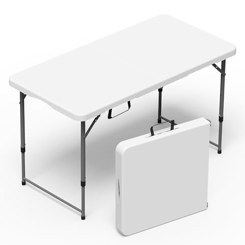 VSOAEIL Folding Table 4 Foot for Indoor Outdoor, Portable Heavy Duty Fold-in-Half Utility Small Plastic Adjustable Height Folding with Carrying Handle for Picnic and Party, White - color: White, size: 4 FT - 1 PACK