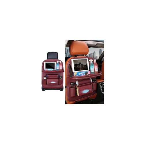 Car Seat Back Organizer, Leather Vehicle Seatback Storage Pocket with Foldable Table Tray, Multifunctional Automotive Backseat Protectors Kick Mats Accessories, Universal Fit (Wine Red) - color: Wine Red