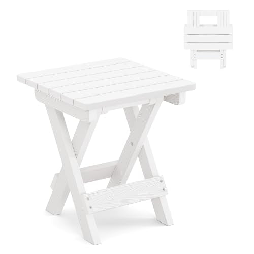 LUE BONA Small Outdoor Folding Side Table, HDPS Outside End Table for Patio, Porch, Deck, Pool, 14 Inch Height, White - color: White