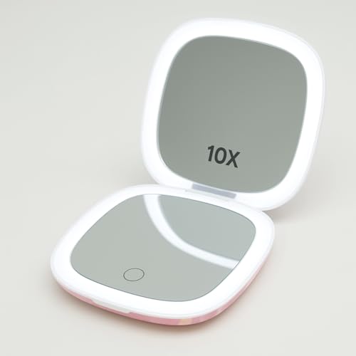 Lighted Makeup Compact Mirror, 3.9 Inch – 1x/10x Magnification Portable, LED – Auto Light On/Off - USB Charging, (Blush Marble) - color: Blush Marble