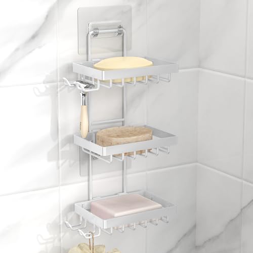 Moforoco 3-Tier White Soap Bar Holder for Shower, No Drilling, 304 Stainless Steel, Wall Mounted Soap Holder with 4 Hooks and Razor Holder, Shower Rack Soap Tray Bar Soap for Bathroom Accessories - color: White, size: 3-T Adhesive