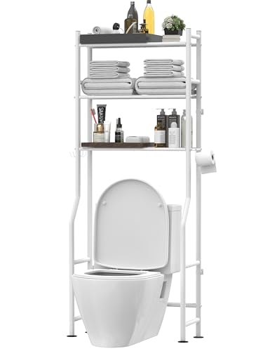 Livilord 3-Tier Over The Toilet Storage, Freestanding Metal Bathroom Shelves with 4 Hooks, Over Toilet Storage Shelf with Paper Holder, Above The Toilet Shelf for Bathroom Storage, White - color: B-white