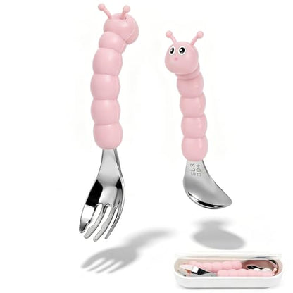 Toddler Utensils, Stainless Steel Baby Forks and Spoons Set Caterpillar Silicone Handle, Kids Silverware with Portable Storage Case, Baby Feeding Essentials, Dishwasher Safe (Pink) - color: Pink