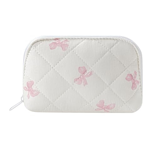 JOVAKIT Quilted Conch Shaped Makeup Bag Cosmetic Bag for Women, Floral Coquette Cotton Travel Makeup Case Toiletry Zipper Make Up Pouch, Travel Storage Organizer Stuff (Pink Bowknot) - color: Pink Bowknot