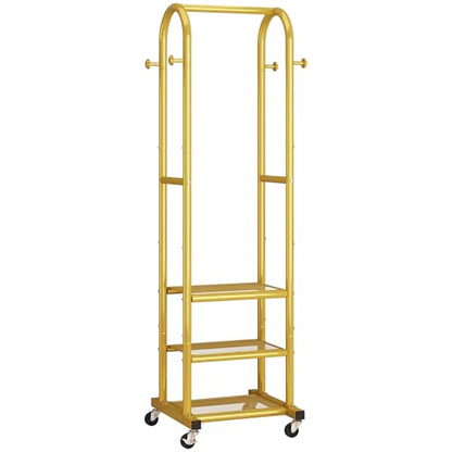 Dttwacoyh Metal Clothing Rack with Wheels and Hanging Hooks,Narrow Coat and Shoe Rack,Small Hall Tree,for Small Space, Bedroom, entryway, Walk-in Closet, Laundry Room-Gold - color: Gold