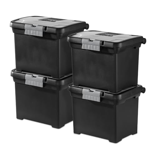 Sterilite 4-Pack Portable File Box, Stackable Container for Letter Hanging Folders, Black - Paper Document Plastic Storage Organizer with Latching Lid for Home, Office, and Dorm Organization - size: 4 Pack