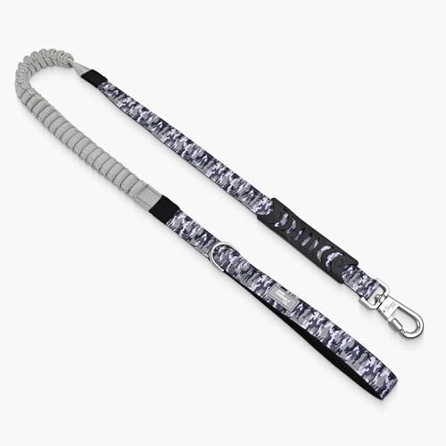 Dog Friendly Co. Bungee Dog Leash | Strain Free & Shock Resistant for Control | Neoprene Padded Handle, Heavy-Duty Carabiner Clip, and D-Ring | Grey Camo, Size Small - color: Grey Camo, size: Small