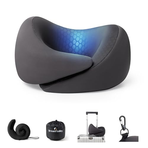 Dream Valley® Neck Travel Pillow, Memory Foam Travel Pillow for Airplane, Portable Roll-Up Neck Pillow with Cooling Inner Fabric, 360° Ergonomic Support, No Head Bobbing, Charcoal Gray - color: Charcoal Gray