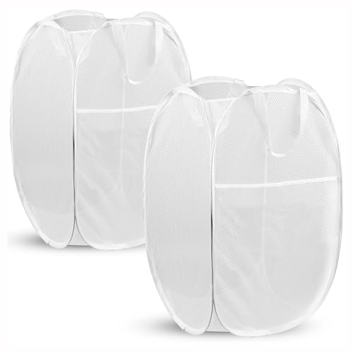 DUCOO Pop Up Laundry Hamper, 70L Collapsible Mesh Laundry Basket with Side Pocket, Foldable Dirty Clothes Hamper with Sturdy Reinforced Handles for Home Dorm Bedroom Travel Storage, White, 2Pack - color: 2 PCS White