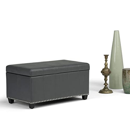 SIMPLIHOME Amelia Storage Ottoman - 33 inch Wide Vegan Leather Rectangle Storage Ottoman Bench in Stone Grey, Transitional Ottoman for Living Room with Nailhead Trim and Lift-Up Lid - color: Stone Grey