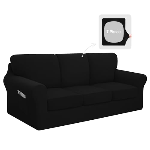 Easy-Going 7 Pieces Stretch Couch Cover Washable Sofa Cover Set for 3 Backrest and Seat Cushion Couch Anti-Slip Sofa Slipcover Furniture Protector with Elastic Bottom (Large, Black) - color: Black, size: Large