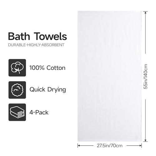 REDKISS 100% Cotton Waffle Weave Bath Towels 4 Pack - 27.5x55 Inches| Lightweight, Quick Dry & Highly Absorbent,Perfect for Spa, Gym, Travel, Guest Bathroom-White - color: White