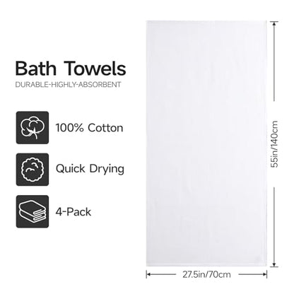 REDKISS 100% Cotton Waffle Weave Bath Towels 4 Pack - 27.5x55 Inches| Lightweight, Quick Dry & Highly Absorbent,Perfect for Spa, Gym, Travel, Guest Bathroom-White - color: White