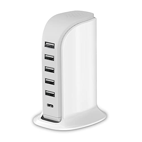 Charging Station for Multiple Devices 40W Upoy, Wall Charger Block 5 USB Ports(Shared 6A), USB Charging Hub Smart IC, Charger Tower with Type-C 3A for iPhone iPad Tablets Smartphones, Home Office Use - color: white charging station