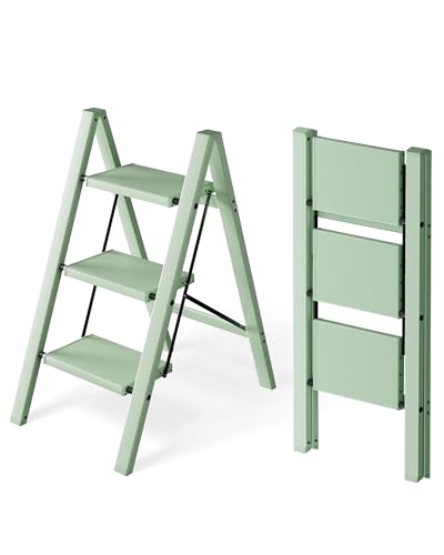 HillhutApex 3 Step Ladder, Lightweight Portable 3 Step Stool with Anti-Slip Wide Pedal, 330lbs Capacity Aluminum Ladder for Household,Office,Kitchen(Pale Green) - color: Pale Green, size: 3 Step
