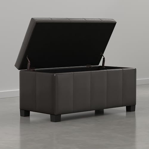 SIMPLIHOME Dover Storage Ottoman Bench - 36 inch Wide Upholstered Vegan Leather Rectangular Lift-Top Ottoman in Dark Clove Brown, Contemporary Bench for Living Room with Safety Hinges - color: Dark Clove Brown