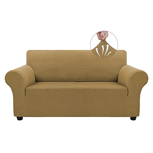 Asnomy Sofa Covers for 2 Cushion Couch Stretch loveseat Covers Slipcovers, Pet Protector Furniture Covers for Dogs Cats Spandex Jacquard Fabric Small Checks （Medium，Light Brown） - color: Light Brown, size: Medium