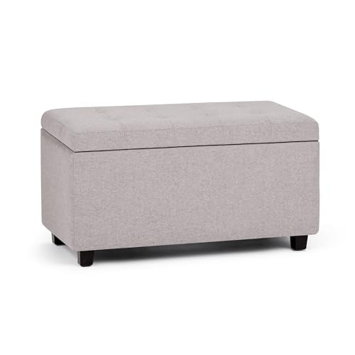 SIMPLIHOME Cosmopolitan Storage Ottoman - 34 inch Wide Upholstered Linen Look Fabric Rectangle Storage Ottoman Bench in Cloud Grey, Transitional Tufted Ottoman for Living Room with Lift-Up Lid - color: Cloud Grey