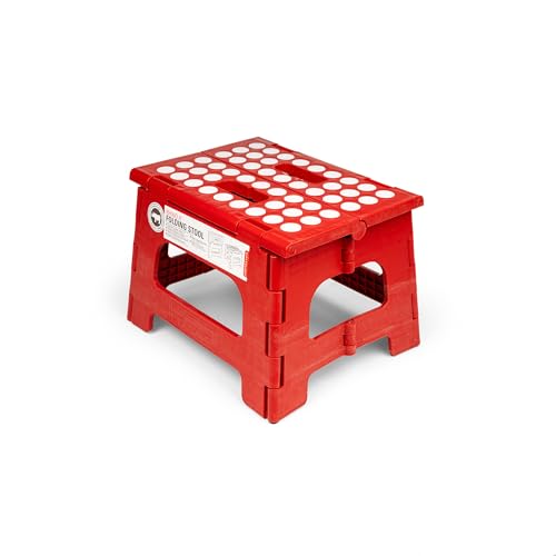 Kikkerland Rhino Foldable Step Stool – Holds Adults up to 300 Lbs, Best for Kitchen & Bathroom – Collapsible, Portable, Lightweight Stepping Stool with Sturdy, Non-Slip Design – Red, 8” - color: Red, size: 8 Inch
