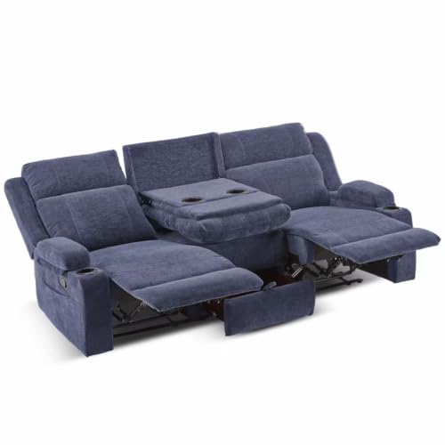 Manual Reclining Sofa, Space-Saving Reclining Couch with Convertible Table & Cup Holders & Storage Pockets, Compact 3-Seater Recliner Couch for Living Room, Home Theater & Apartment (Blue) - color: Blue, size: 3 Seat