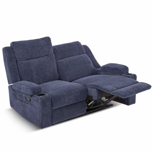 Manual Recliner Loveseat Sofa, Space-Saving Double Reclining Couch with Cup Holders & Storage Pockets, Compact 2-Seater Recliner for Living Room, Home Theater & RV (Blue) - color: Blue, size: 2 Seat