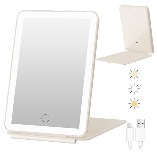 FUNTOUCH Rechargeable Travel Makeup Mirror with 72 Led Lights, Portable Lighted Makeup Mirror, 3 Color Lighting, Dimmable Touch Screen, Type C, Tabletop LED Folding Cosmetic Vanity Mirror - color: Straw Color
