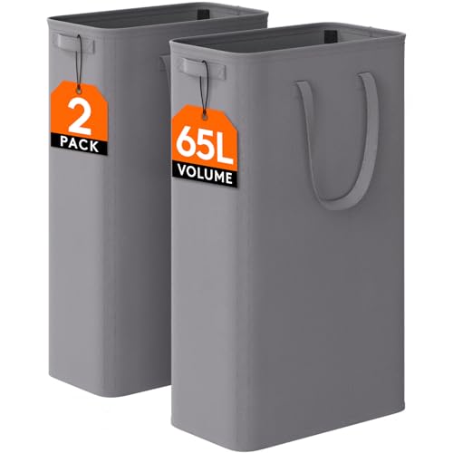 Lifewit 2 Pack Slim Laundry Hamper, Collapsible Narrow Laundry Basket, Small Tall Dirty Clothes Hampers with Handles for Bathroom Bedroom College Dorm, Grey, 65L - color: Gray, size: 65L