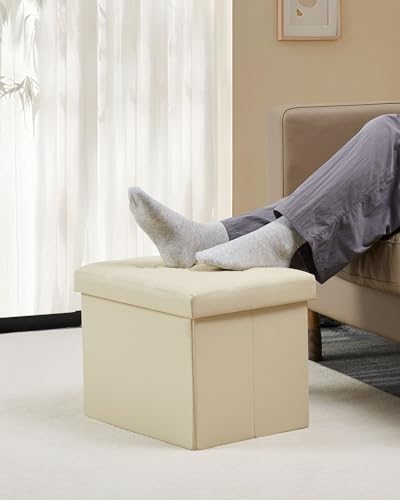 Bsketa Storage Ottoman, Folding Foot Stool with Thicker Foam Padded Seat Small Leather Storage Ottoman Bench Foot Rest for Living Room Foldable Coffee Table 17x13x13in,Beige - color: Beige