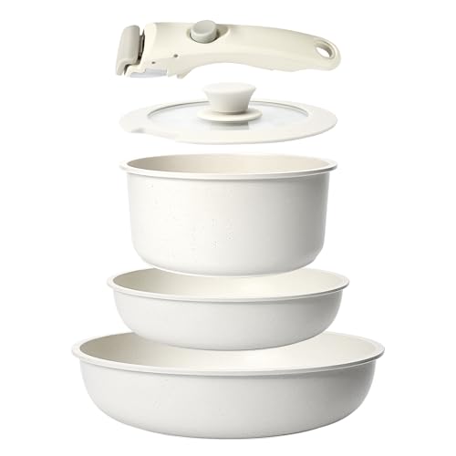 GiPP 5Pcs Pots and Pans Set Non Stick, Cookware Sets Nonstick Detachable Handle, Induction Kitchen Set Removable Handle, RV Cookware set, Oven Safe - color: White, size: 5PCS