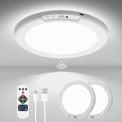 wowatt 2Pcs Battery Operated Ceiling Lights Rechargeable Motion Sensor Light Indoor Wireless Shower Light with Remote 3000K 4500K 6500K 7.48in Dimmable Timing Motion Activated Lamp for Closet Shower - color: 3CCT-Round, size: 2 Pack