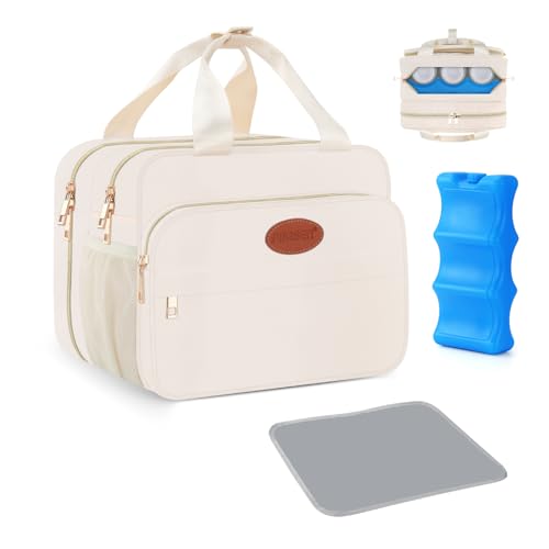 Breastmilk Cooler Travel Bag with Ice Pack, Insulated Bottle Bags with Luggage Strap, Compatible with Hands-Free Wearable Breast Pumps & Accessories, Portable Breast Pump Carrying Case for Working Mom - color: Cream
