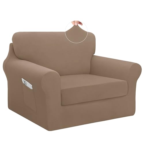 Easy-Going 3 Pieces Stretch Chair Cover Washable Chair Slipcover Set for 1 Backrest and Seat Cushion Couch Anti-Slip Sofa Couch Cover Furniture Protector with Elastic Bottom (Small, Camel) - color: Camel, size: Small
