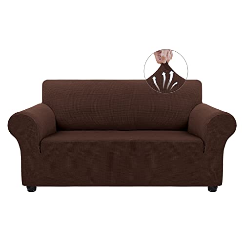 Asnomy Sofa Covers for 2 Cushion Couch Stretch loveseat Covers Slipcovers, Pet Protector Furniture Covers for Dogs Cats Spandex Jacquard Fabric Small Checks （Medium，Chocolate） - color: Chocolate, size: Medium