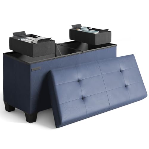 Storage Ottoman Bench with Bins, 30-in Storage Bench for Bedroom End of Bed, Folding Foot Rest Ottoman for Living Room Max 660lbs, Leather Ottomans, Blue - color: 05 - Blue