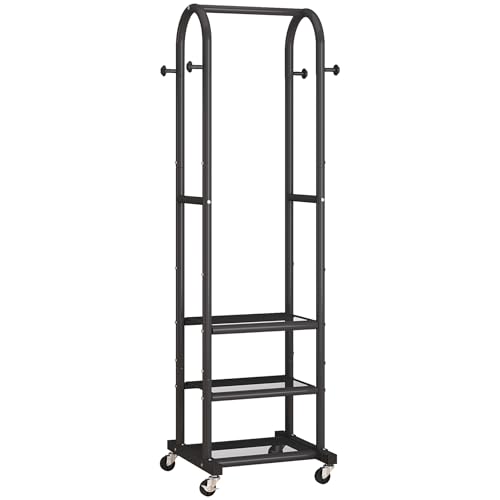 Dttwacoyh Metal Clothing Rack with Wheels and Hanging Hooks,Narrow Coat and Shoe Rack,Small Hall Tree,for Small Space, Bedroom, entryway, Walk-in Closet, Laundry Room– Black - color: Black
