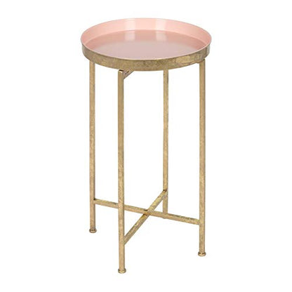 Kate and Laurel Celia Round Metal Foldable Tray Accent Table, Pink with Gold Base - color: Gold/Pink