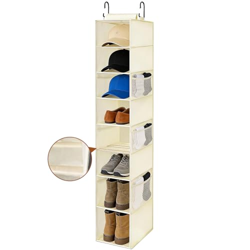 Hanging Shoe Organizer for Closet with 8 Shelves,Mesh Pockets-Wider Hanging Shelves for Shoes,Clothes,Hats with Sturdy Bamboo-Supported Design (Beige) - color: Beige, size: 8 Tiers-Closet Hanging